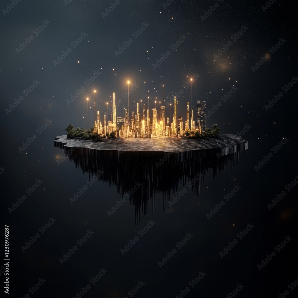 Fototapeta premium Futuristic Cityscape with Glowing Skyscrapers and Urban Landscape Surrounded by a Dark Stellar Background, Representing Innovation and Technology