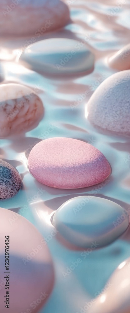 Obraz premium Smooth stones on flowing liquid, pastel background, spa ad