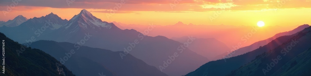 Fototapeta premium Majestic Smoky Mountain peaks bathed in warm golden light, sky, sun