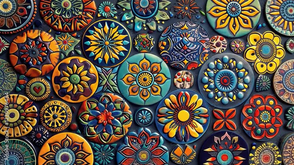 Vibrant Mandala Mosaic: A mesmerizing mosaic of intricately detailed, hand-painted ceramic mandalas, each boasting unique colors and patterns, creating a stunning visual feast. Vibrant Mandala Mosaic: A mesmerizing mosaic of intricately detailed, hand-painted ceramic mandalas, each boasting unique colors and patterns, creating a stunning visual feast.