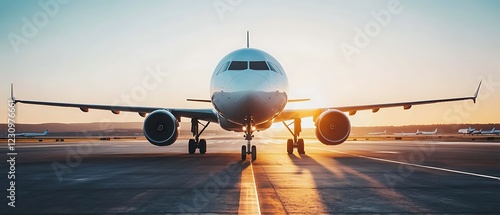 A large passenger jet sits on the tarmac, bathed in the warm hues of a sunset sky. photo