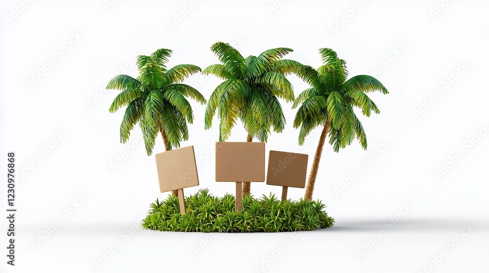 Fototapeta premium Pixelated Palm Trees With Blank Signs On A Tropical Island