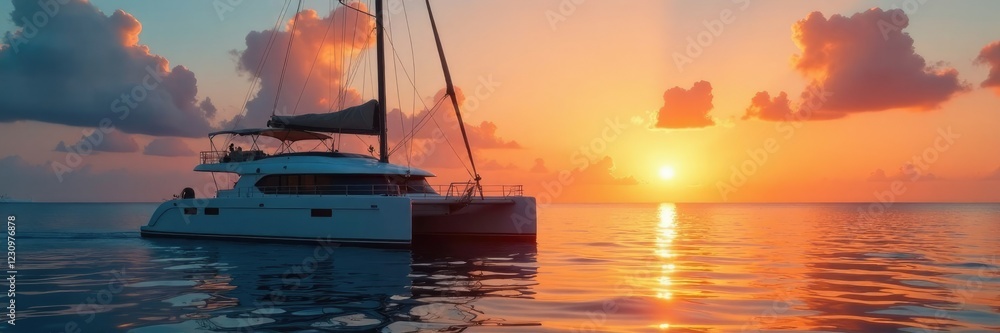 Serene catamaran sailing in the calm Caribbean sea at sunset, sunsets, calm, country Serene catamaran sailing in the calm Caribbean sea at sunset, sunsets, calm, country