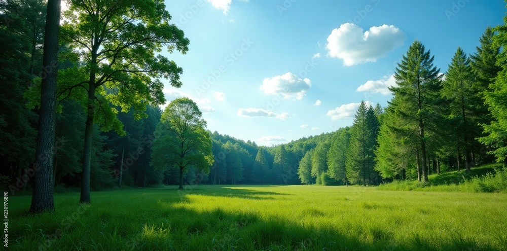 Serene forest landscape with trees stretching towards the blue sky, calm, scenery, open Serene forest landscape with trees stretching towards the blue sky, calm, scenery, open