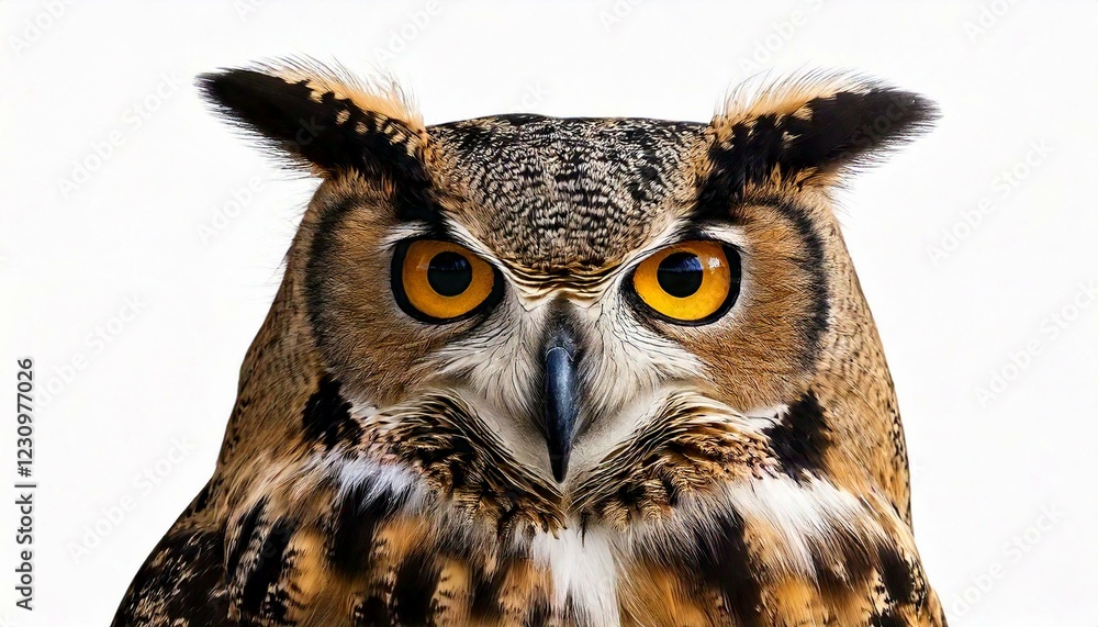 Great Horned Owl, Bubo Virginianus Subarcticus, in front of white Great Horned Owl, Bubo Virginianus Subarcticus, in front of white