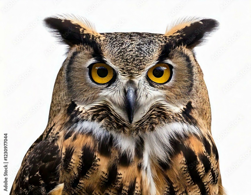 Obraz premium Great Horned Owl, Bubo Virginianus Subarcticus, in front of white