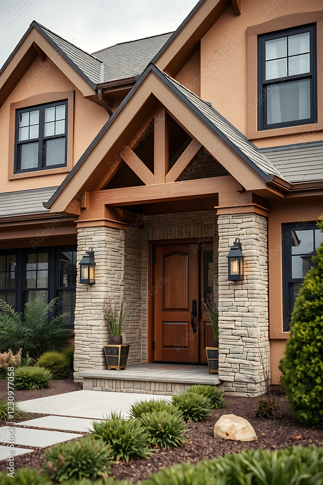 Luxury Home Exterior: Modern Architecture and Landscaping Design. A stunning residential property showcasing beautiful stonework, wooden accents, and meticulous landscaping. Luxury Home Exterior: Modern Architecture and Landscaping Design. A stunning residential property showcasing beautiful stonework, wooden accents, and meticulous landscaping.