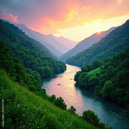 Shakva river valley with lush greenery and gentle slope at dawn, greenery, shakva photo