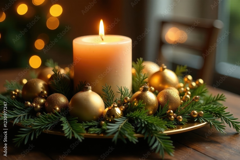 Shiny gold berries adorn a majestic gold accented candle centerpiece amidst lush greenery, sparkling ornaments, golden berries, gold candles Shiny gold berries adorn a majestic gold accented candle centerpiece amidst lush greenery, sparkling ornaments, golden berries, gold candles