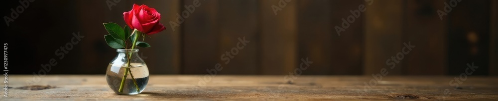 Fototapeta premium Single elegant red rose in a glass vase on a wooden table, rose, wooden