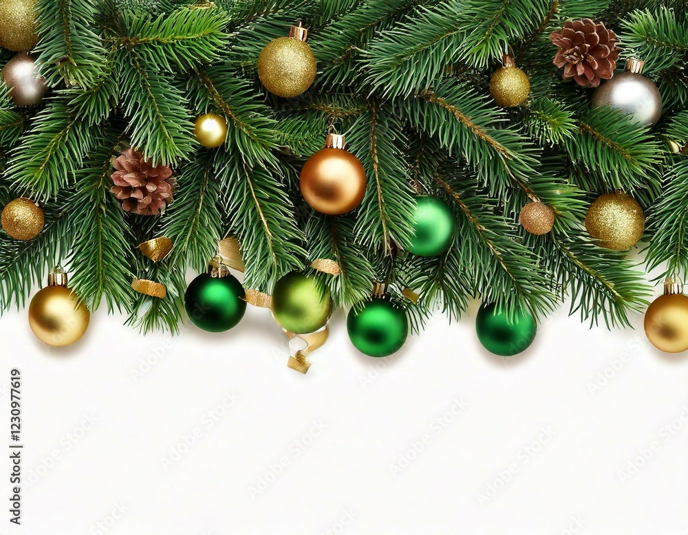 Fototapeta premium Green pine twigs, balls and garlands for Christmas top border isolated