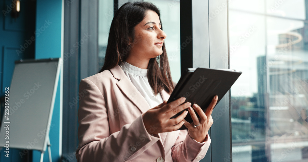 Thinking, tablet and future with business woman in office for workshop coordinator, reflection and corporate trainer. Vision, planning and conference organizer with person in agency for schedule Thinking, tablet and future with business woman in office for workshop coordinator, reflection and corporate trainer. Vision, planning and conference organizer with person in agency for schedule