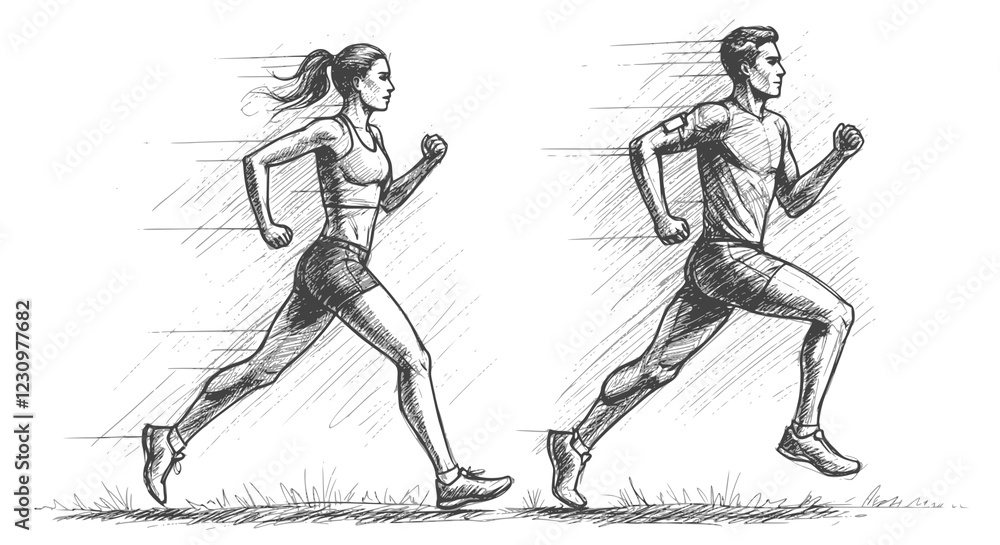 Fototapeta premium Running man and woman, isolated vector charcoal silhouettes. Run, side view. Charcoal sketches of athletic looking male and female runners running. JPEG version.