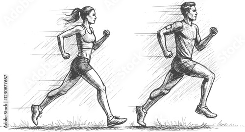 Running man and woman, isolated vector charcoal silhouettes. Run, side view. Charcoal sketches of athletic looking male and female runners running. EPS 10 version.