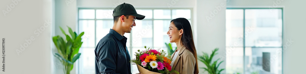 Banner smiling male flower delivery worker handing a colorful bouquet to a woman, concept of flower delivery, customer service, and special occasions Banner smiling male flower delivery worker handing a colorful bouquet to a woman, concept of flower delivery, customer service, and special occasions