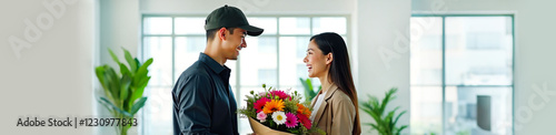 Banner smiling male flower delivery worker handing a colorful bouquet to a woman,  concept of flower delivery, customer service, and special occasions photo