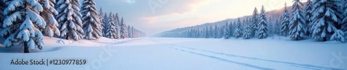 Wallpaper Mural Snowy forest with snowdrifts in winter background, frozen lake, cold, frozen ground Torontodigital.ca