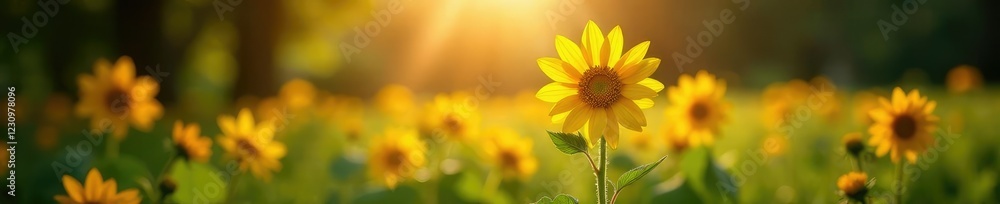 Obraz premium Sunlight filters through, a lone lily blooming, grave, natural, sunflowers