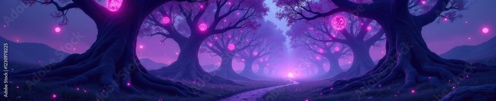 Surreal, dreamlike landscape of twisted trees and glowing purple orbs, dreamy, abstract Surreal, dreamlike landscape of twisted trees and glowing purple orbs, dreamy, abstract