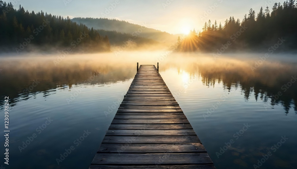 Naklejka premium Sunrise Over Misty Lake with Wooden Pier