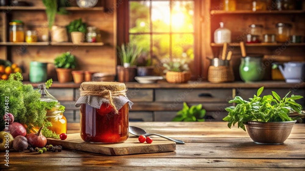 Retro Bank Mockup on Table with Honey and Jam in Cozy Kitchen Setting, Featuring Lush Greenery and Blurred Background for a Warm Atmosphere Retro Bank Mockup on Table with Honey and Jam in Cozy Kitchen Setting, Featuring Lush Greenery and Blurred Background for a Warm Atmosphere