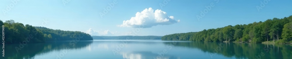 Obraz premium A lone white cloud hovering above a forest lake's surface, cloud, serene, hovering