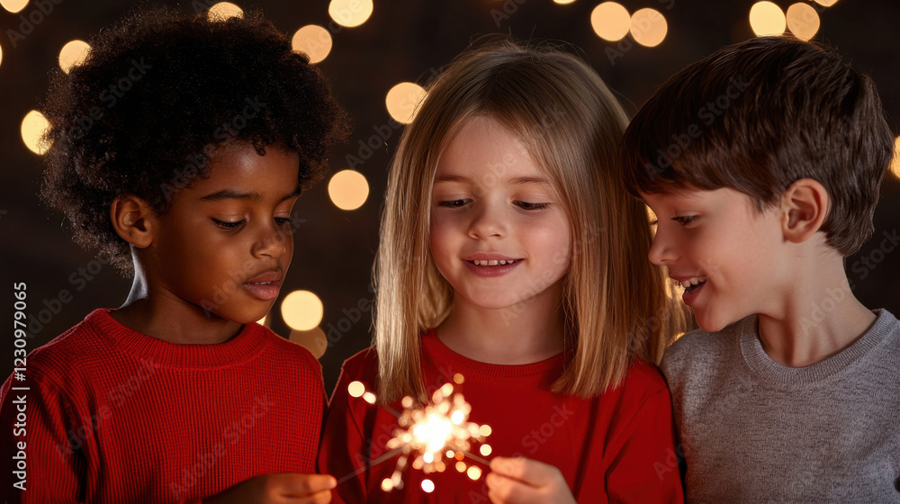 Three children joyfully celebrate with sparklers, surrounded by a soft, glowing background of lights, capturing a moment of happiness and wonder. Three children joyfully celebrate with sparklers, surrounded by a soft, glowing background of lights, capturing a moment of happiness and wonder.