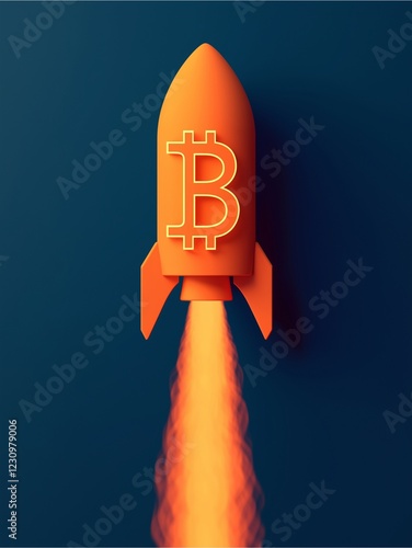 A vibrant rocket with a Bitcoin symbol launches against a deep blue background, symbolizing the rise of cryptocurrency. photo