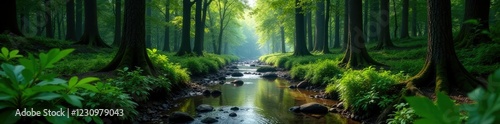 A narrow forest stream flows through a dense thicket of tall trees, thicket, forest stream, nature