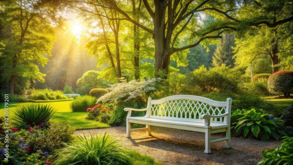 Serene White Bench in Refreshing Natural Landscape - Architectural Photography, Tranquil Outdoor Setting, Peaceful Environment, Nature's Beauty, Minimalist Design, Scenic View, Relaxation Spot Serene White Bench in Refreshing Natural Landscape - Architectural Photography, Tranquil Outdoor Setting, Peaceful Environment, Nature's Beauty, Minimalist Design, Scenic View, Relaxation Spot