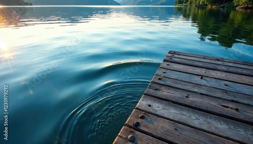Waves lapping against a wooden dock on a calm lake, dock, reflection, waves