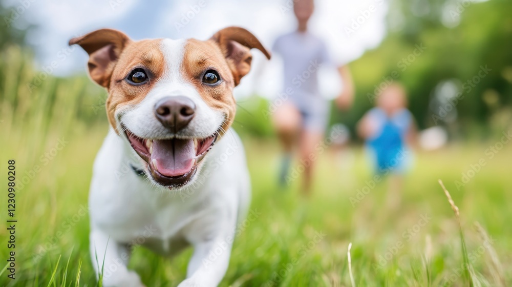 Joyful dog racing through the lush green field on a sunny afternoon