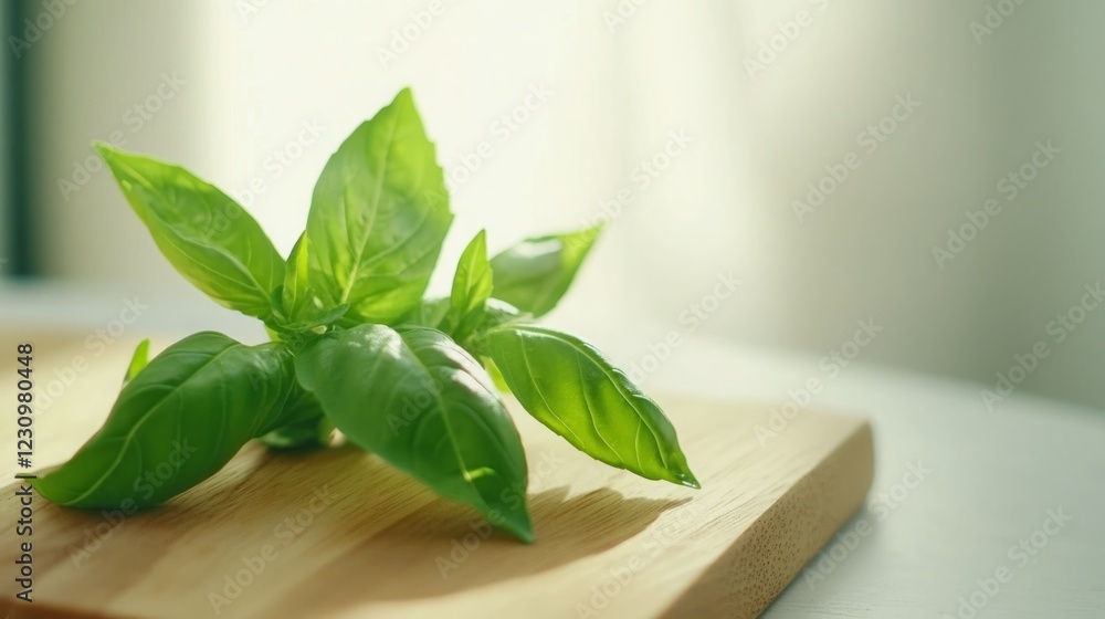 Fresh basil leaves on a wooden board, bathed in sunlight. Fresh basil leaves on a wooden board, bathed in sunlight.