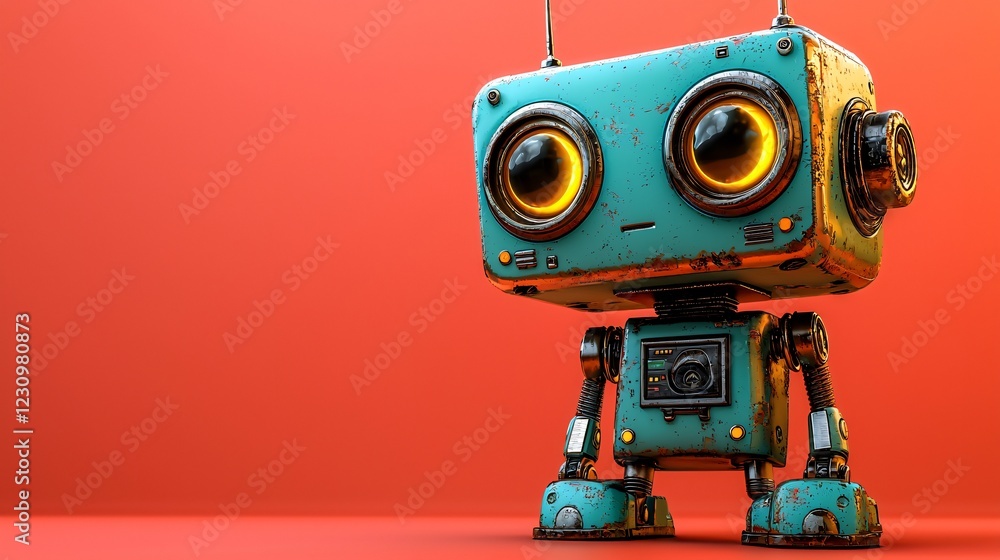 Rusty robot stands on orange background Rusty robot stands on orange background