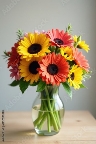 Wallpaper Mural Fresh bouquet of colorful daisies and sunflowers, vases, fresh Torontodigital.ca
