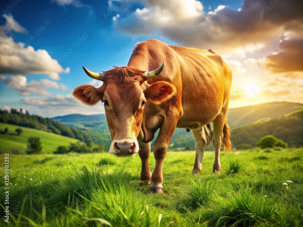 Cow Grazing Meadow, Rustic Farm Scene, Brown Cow Pasture, Idyllic Countryside, Grassland Cattle Cow Grazing Meadow, Rustic Farm Scene, Brown Cow Pasture, Idyllic Countryside, Grassland Cattle