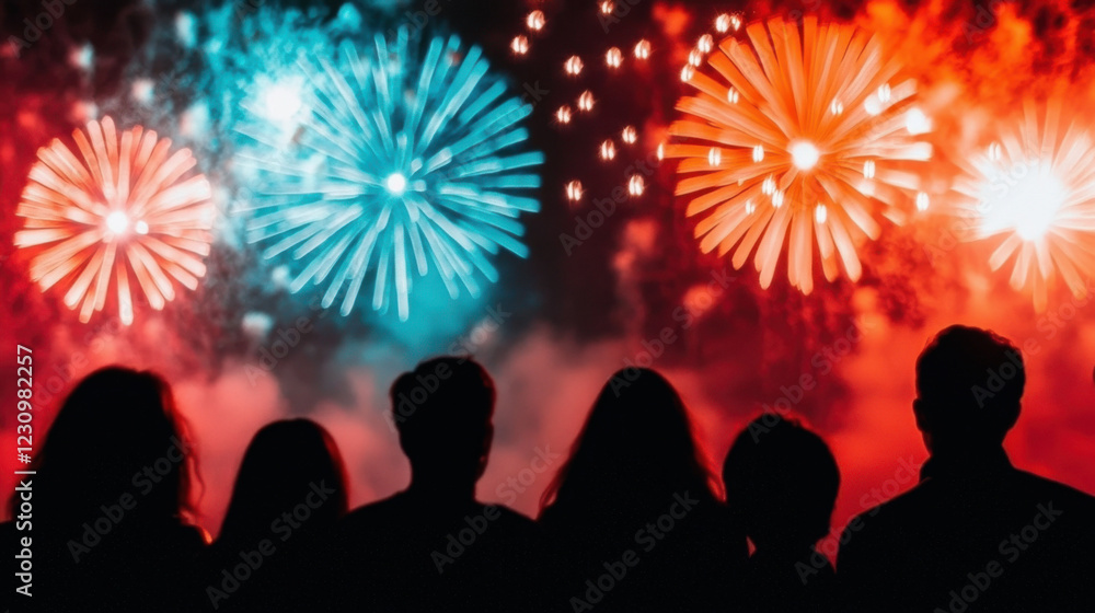 Silhouettes of people watching vibrant fireworks in the night sky, creating a festive and celebratory atmosphere. Silhouettes of people watching vibrant fireworks in the night sky, creating a festive and celebratory atmosphere.