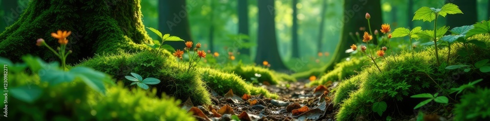 Matted moss-covered forest floor with ferns and wildflowers, woodland, moss