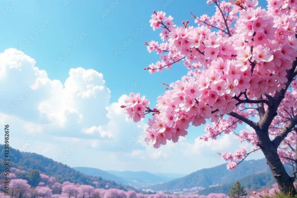 sakura blossoms in full bloom against a clear blue sky with fluffy white clouds, tree, landscape sakura blossoms in full bloom against a clear blue sky with fluffy white clouds, tree, landscape