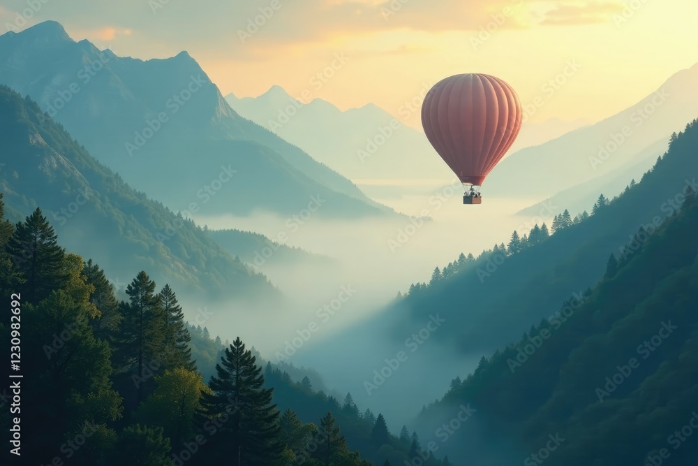 Serene airships glide through misty mountain valleys, peaceful scenery, air balloons drifting mountains forests foggy misty Serene airships glide through misty mountain valleys, peaceful scenery, air balloons drifting mountains forests foggy misty
