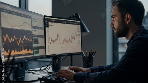 Focused Trader Analyzing Market Trends through Dual Screens in Modern Workspace