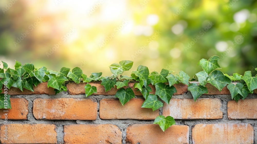 Ivy growing on a brick wall, bathed in sunlight. A tranquil scene of nature's beauty. Ivy growing on a brick wall, bathed in sunlight. A tranquil scene of nature's beauty.