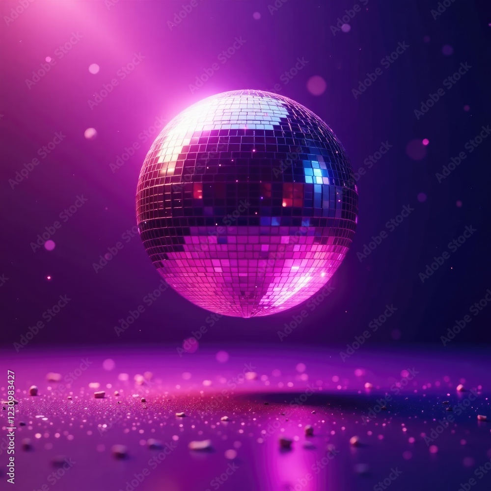 Obraz premium Sparkling purple disco ball suspended in mid air, light rays, glitter