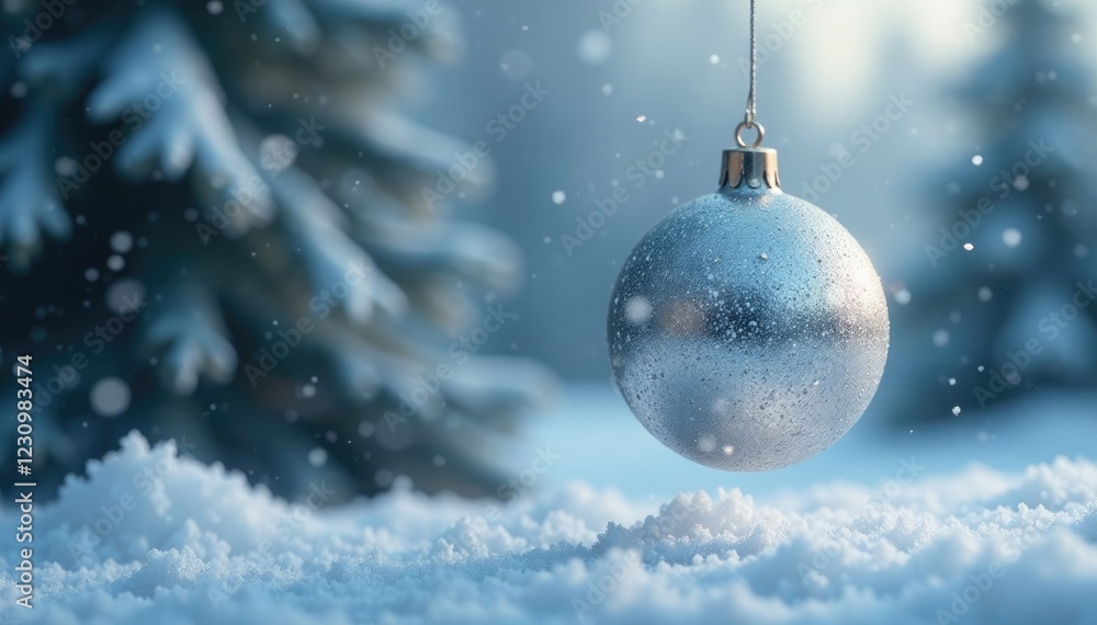 Sparkling silver ornament suspended in light-filled snowy atmosphere, snowy, metallic Sparkling silver ornament suspended in light-filled snowy atmosphere, snowy, metallic