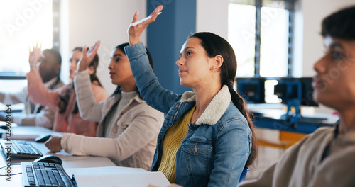 Φωτογραφία People, students and hands raised with question in classroom for lesson, lecture or presentation at university