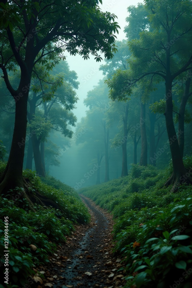 Fototapeta premium A cyclone hits a dense forest, uprooting trees, foliage, storm damage, branches