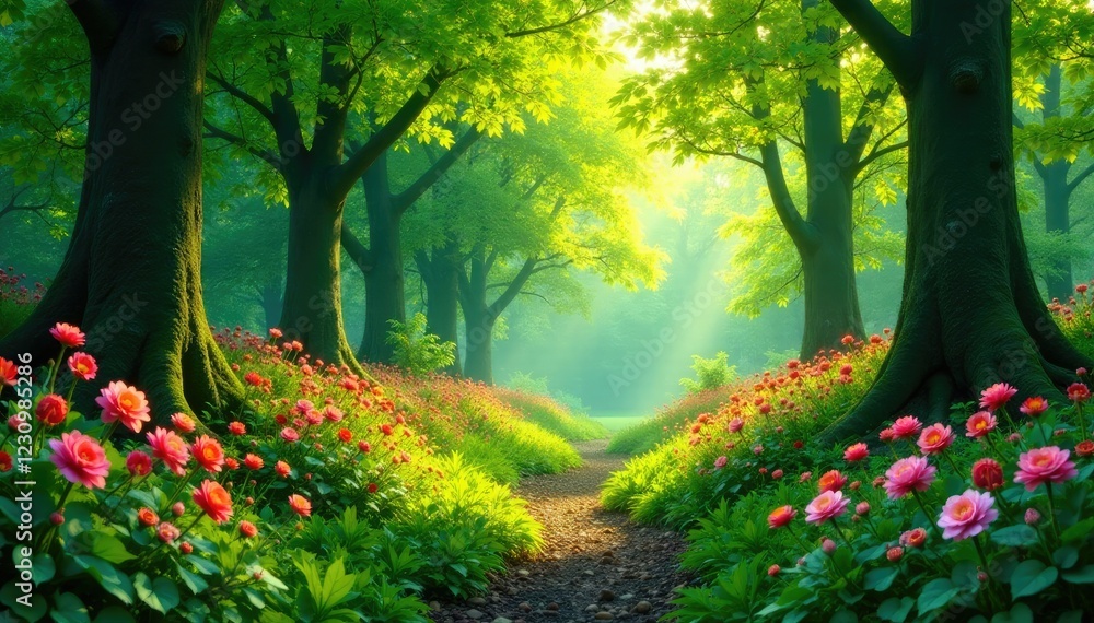 Fototapeta premium A lush green forest with colorful flowers and trees, plant life, spring