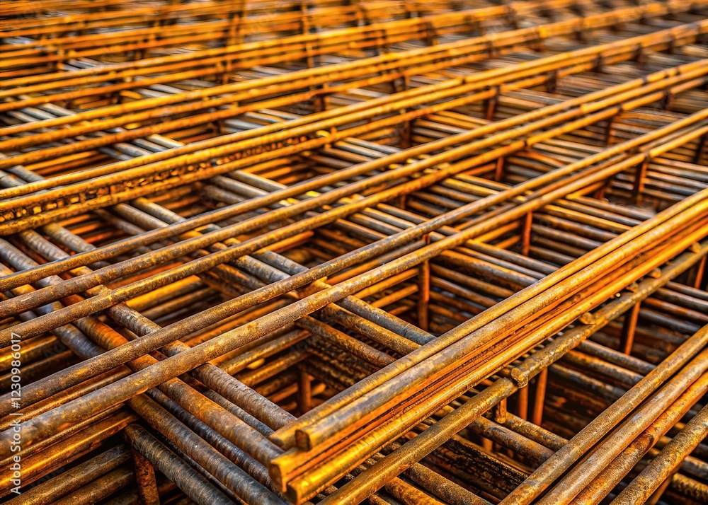 Rusty Steel Rebar Grid at Construction Site - Minimalist Industrial Stock Photo Rusty Steel Rebar Grid at Construction Site - Minimalist Industrial Stock Photo