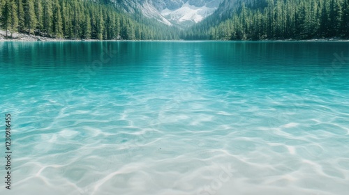Serene mountain lake captures crystal clear waters and towering peaks