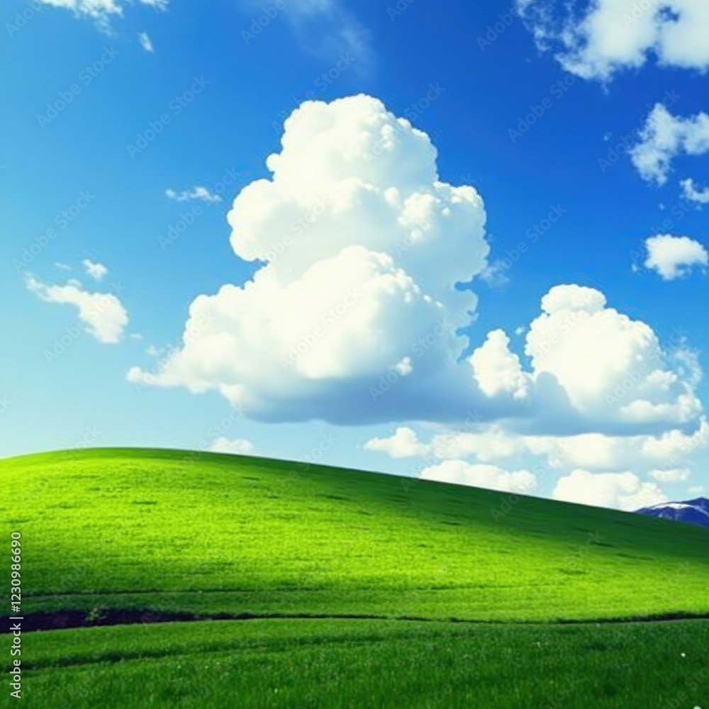Fototapeta premium Cumulus cloud with a distinctive cauliflower shape, rolling hills, gentle slopes